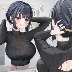 This is a pixiv picture whose title is 髪をまとめる仕草が大人っぽい年上の幼馴染.