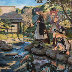 This is a pixiv picture whose title is 昼下がりの池に集う.