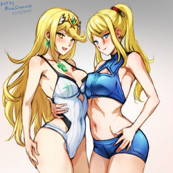 This is a pixiv picture whose title is Mythra x Samus.