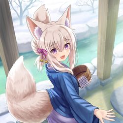 This is a pixiv picture whose title is 温泉へ向かう狐娘.