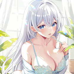This is a pixiv picture whose title is 白髪 × lightblue下着.