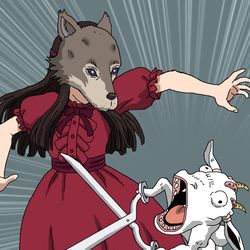 This is a pixiv picture whose title is 七匹の子ヤギのお母さんヤギに襲われるオオカミさま.