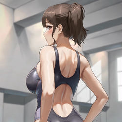 This is a pixiv picture whose title is 男子部員の視線を気にして食い込みを直す水泳部顧問.
