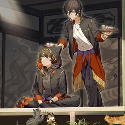 This is a pixiv picture whose title is 八つ刻の縁側にて.