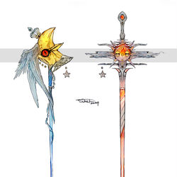 This is a pixiv picture whose title is ルナトーン・ソルロックモチーフの武器（ポケモン）.