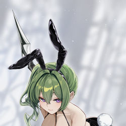 This is a pixiv picture whose title is わざと腰を下げて服を垂れ下がらせたバニーユーベルちゃん.