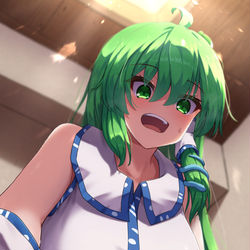 This is a pixiv picture whose title is 二柱を見下ろす早苗(Skeb依頼絵).