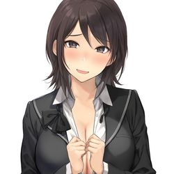 This is a pixiv picture whose title is 11年前着てた制服のサイズが合わない麻耶ちゃん先生（29）.