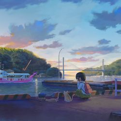 This is a pixiv picture whose title is 静かな漁港で過ごすひととき.