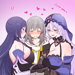 This is a pixiv picture whose title is 百合の間に挟まる女.