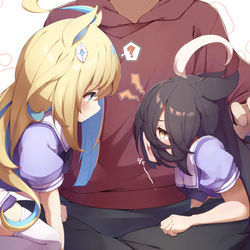 This is a pixiv picture whose title is 猫カフェの膝の上争奪戦争.