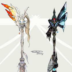 This is a pixiv picture whose title is レシラム・ゼクロムモチーフの武器（ポケモン）.