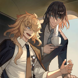 This is a pixiv picture whose title is 副機長則宗さんとCA孫六さん.
