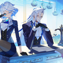 This is a pixiv picture whose title is 敏腕弁護士「フリーナ＆ヌヴィレット」.