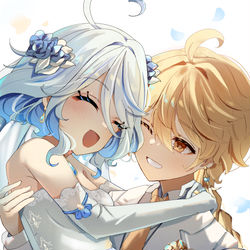 This is a pixiv picture whose title is Aether and Furina Wedding.