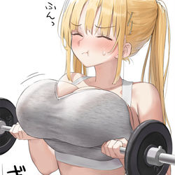 This is a pixiv picture whose title is おっぱいのせいで負荷が大きくなってしまう腕のトレーニング.
