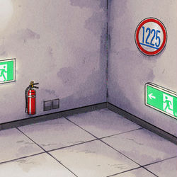 This is a pixiv picture whose title is 脱出方法が壁抜けの非常口.