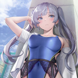 This is a pixiv picture whose title is 気になる男子が競泳水着ガーターベルト姿を見せてくださいと毎日頭～.