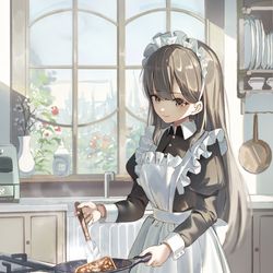This is a pixiv picture whose title is 朝食を作るメイドさん🍞.
