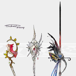 This is a pixiv picture whose title is ケムッソ・カラサリス・アゲハントモチーフの武器（ポケモン）.