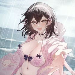 This is a pixiv picture whose title is 野外露出すると必ず雨天ちゃん　in　海辺.