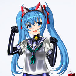 This is a pixiv picture whose title is ラバースーツの猫耳セーラースク水でじたん.