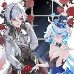 This is a pixiv picture whose title is Arlecchino x Furina.