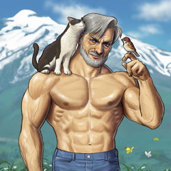 This is a pixiv picture whose title is 猫とスズメと肉じじい.