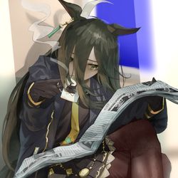 This is a pixiv picture whose title is 新聞を読むマンハッタンカフェ.