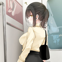 This is a pixiv picture whose title is 通勤電車でぱんつが見えてる事に気付いていない後輩ちゃん.