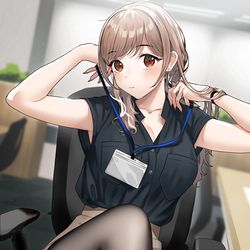 This is a pixiv picture whose title is ネックストラップをつける瞬間に目が合った.