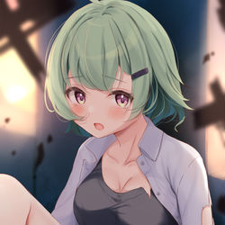 This is a pixiv picture whose title is 亡国の緑髪と廃墟.
