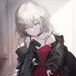 This is a pixiv picture whose title is パーティドレスと短機関銃.
