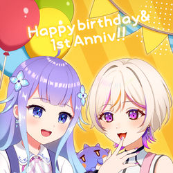 This is a pixiv picture whose title is お誕生日＆配信1周年記念.