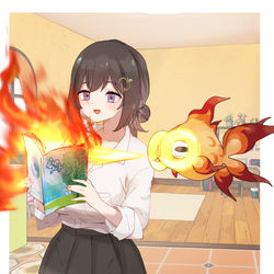 This is a pixiv picture whose title is イーユイに「倫理」を読み聞かせるりんご.