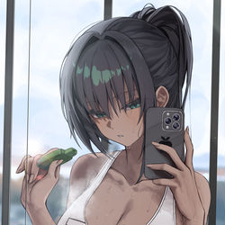 This is a pixiv picture whose title is 運動直後にタバコを吸いながらセルフィーを撮るさなちゃん.