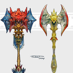 This is a pixiv picture whose title is クリムガン・オノノクスモチーフの武器（ポケモン）.