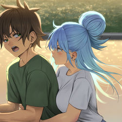 This is a pixiv picture whose title is 『100秒後に自重でタイヤをパンクさせるアクア』.