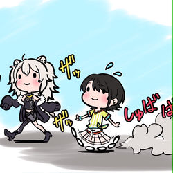 This is a pixiv picture whose title is ぼたんちゃんと歩幅が違いすぎて早足になるスバルちゃん.