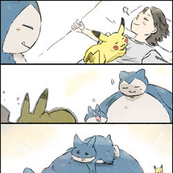 This is a pixiv picture whose title is 自分もおなかの上で寝たかったカビゴン.