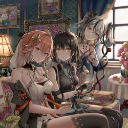 This is a pixiv picture whose title is 長離と漂泊者とツバキ／鳴潮.