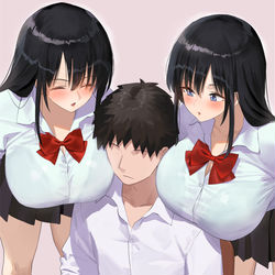 This is a pixiv picture whose title is 巨乳双子に好かれたせいで休み時間中もおっぱいに挟まれる男子.