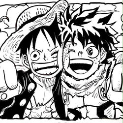 This is a pixiv picture whose title is むぎゅっとルフィとデク.