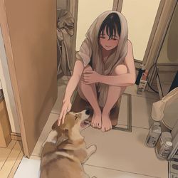 This is a pixiv picture whose title is お風呂が終わるまで待っている犬.