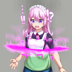 This is a pixiv picture whose title is 光の輪が通過した所からピンク髪のメイド姿へ徐々にTSする.