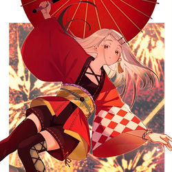 This is a pixiv picture whose title is 和傘振った時の遠心力に勝てず風に煽られ宙を舞う篠澤さん.