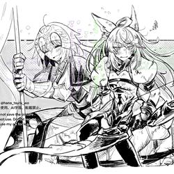 This is a pixiv picture whose title is 【skeb】共闘後ツンデレになってるアタランテとﾆｺﾆｺジャンヌ.