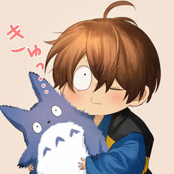 This is a pixiv picture whose title is 【クロス注意】「ふわふわむちむちをひろいました」.