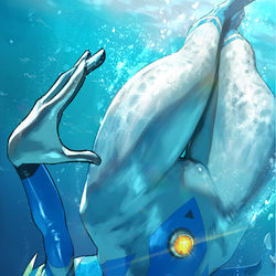 This is a pixiv picture whose title is 海中へ向かう巨大ヒロイン.