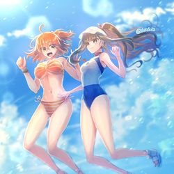 This is a pixiv picture whose title is 水着ぐだ子＆ザビ子……バイトのお姉さん🍊🌕🌊✨.